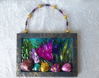 Angel Fish Wall Decor, Shells, Recycled aluminum cans, Beaded, Sea shell 3D Plaque, Ocean Scene Wall Decor #2, Plaque, Sign