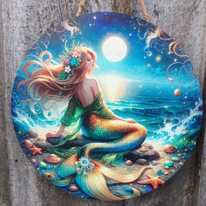 Mermaid, Mermaid Wall Decor, Mermaid Metal, Rhinestones, House Warming Gift, Deco Mermaid, Not 3D, Mermaid sitting on Rock, Mermaid Sign