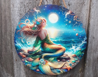 Sirena, Decorazione da parete a forma di sirena, Sirena in metallo, Strass, Regalo di inaugurazione della casa, Sirena decorativa, Non 3D, Sirena seduta su una roccia, Cartello con sirena
