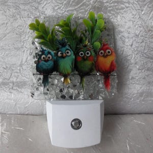 Comical Bird  Night Light, Night Light, Nightlight, Iridescent background, 4 Birds,Dusk til Dawn,LED Light, Gift, Bird Family Night Light