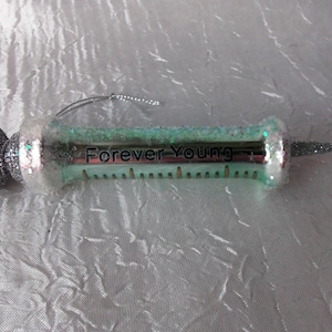 以下が含まれることがあります： 「Forever Young」の文字が刻まれた、装飾用の注射器のオーナメント。注射器は透明で、薄い緑色の液体と銀色のグリッターがアクセントになっています。プランジャーと針先も銀色です。