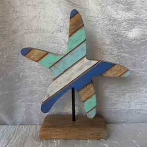 Wood Starfish on Stand, Wood Starfish, Coastal Decor, Beach Decor, Nautical Decor, Ocean Colors, Striped Starfish, Starfish Decor