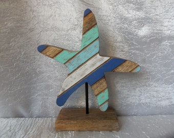 Wood Starfish on Stand, Wood Starfish, Coastal Decor, Beach Decor, Nautical Decor, Ocean Colors, Striped Starfish, Starfish Decor
