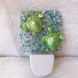 Turtle Night Light, Nightlight, 2 Baby Sea Turtles, Ocean Colors,  Crushed Glass, Beach, Nautical, Gift, LED Night Light,Dusk til Dawn Light