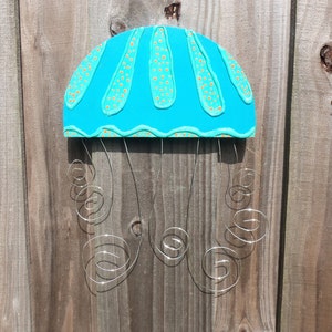 Jellyfish Wall Decor, Wood Jellyfish, Whimsical Jellyfish,  Jellyfish wire tentacles, Blue, Sea Green Orange Polka Dots, 3D Jellyfish, #4