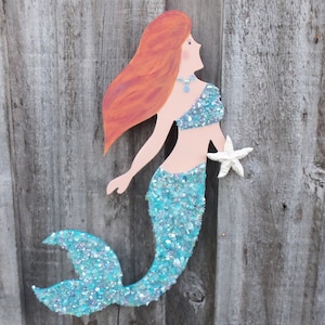 Zeemeermin zeester, zeemeermin wanddecoratie, zeemeermin kunst aan de muur, strand, nautisch, kust, muur hangen, gebroken glas, houten zeemeermin, handgeschilderd