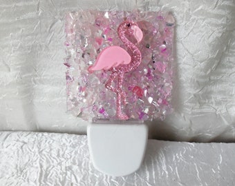 Flamingo Night Light, Night Light, Nightlight, Glitter Flamingo, Pink Crushed Glass,  Pink LED Light
