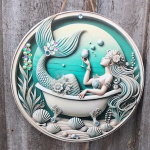 Sirena da bagno, decorazione da parete a forma di sirena, sirena in metallo, sirena con strass, regalo di inaugurazione della casa, sirena decorativa, non 3D, cartello da bagno