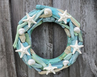 Driftwood Wreath, 12" Wreath, Nautical, Coastal, Beach, Starfish Wreath, Shell Wreath, Wreath, Driftwood, Turbo Shells, Knobby Starfish