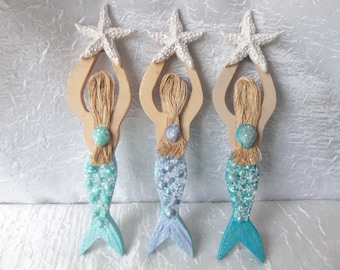 Hanging Mermaid, Mermaid decor, Mermaid wall hanging, Seashell Mermaid, Starfish Mermaid, Wood Mermaid, Mermaid Wall Decor