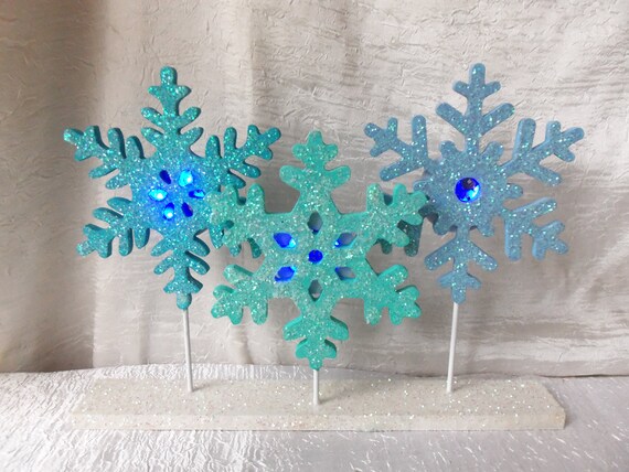 Snowflake Decor, Glitter Snowflakes, Snowflake Table Top Decoration,  Christmas Decoration, Snowflake Stand, Lighted Snowflakes 