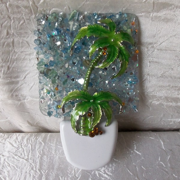 Palm Tree Night Light, Night Light, Nightlight, Rhinestone Enamel Palm Tree, Crushed Glass, 2 Palm Tree Night Light