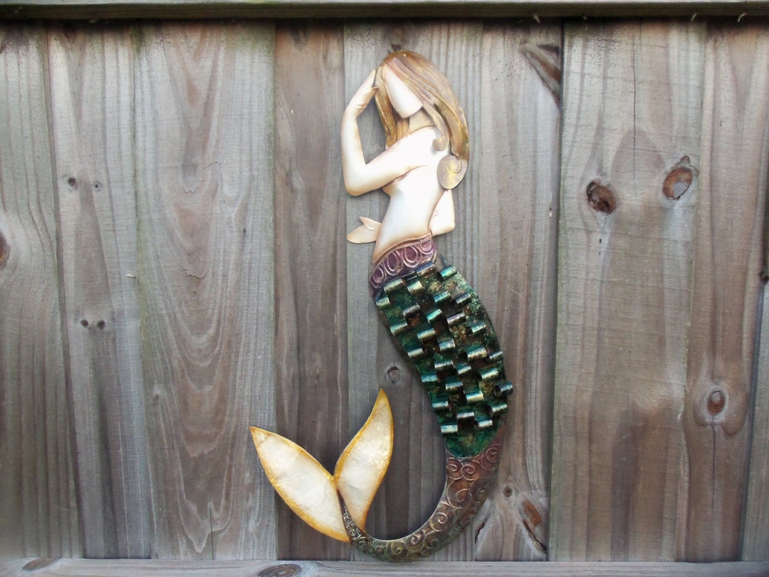 Mermaid, Metal Mermaid Wall Decor, Painted Metal Mermaid Hanging, Large ...