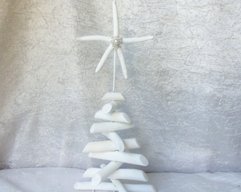 Driftwood Christmas Tree, Starfish, Driftwood Tree, Pearl and Rhinestones, White