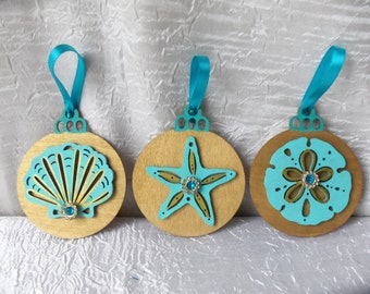 3 Ornaments, Starfish Ornament, Shell Ornament, Sand Dollar Ornament, Coastal Decor, Beach, Nautical Ornament, Christmas Ornament, Gold Blue