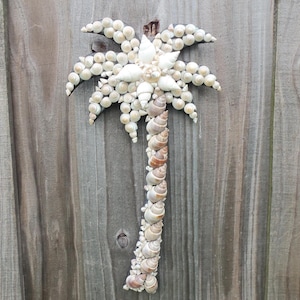 May include: A decorative palm tree made from seashells. The trunk is formed of spiral shells, and the fronds are made of small, round shells. The artwork is mounted on a wooden fence.