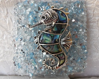 Seahorse Night Light, Night Light, Nightlight, Abalone Shell Seahorse, Crushed Glass