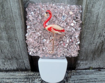 Flamingo Night Light, Night Light, Nightlight, Flamingo, Crushed Glass, Enamel Flamingo, Pink LED