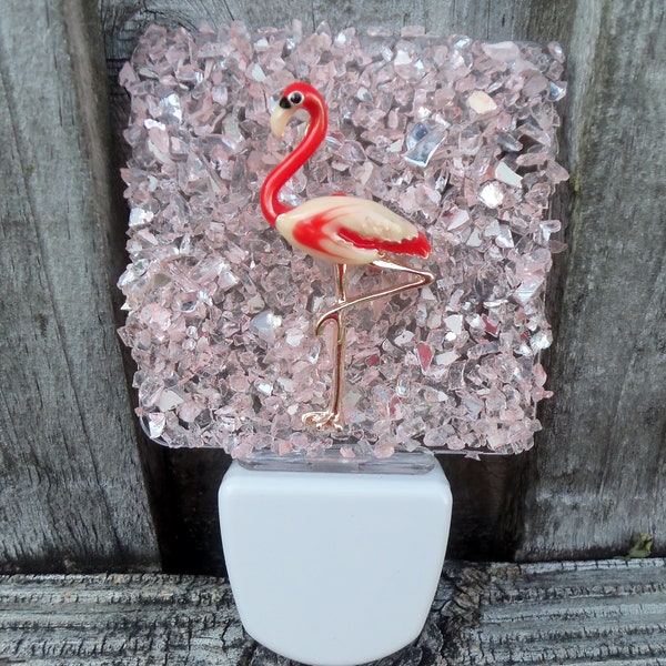 Flamingo Night Light, Night Light, Nightlight, Flamingo, Crushed Glass, Enamel Flamingo, Pink LED