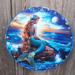 Mermaid, Mermaid Wall Decor, Mermaid Metal, Rhinestones, House Warming Gift, Deco Mermaid, Not 3D, Mermaid sitting on Rock, Mermaid Sign