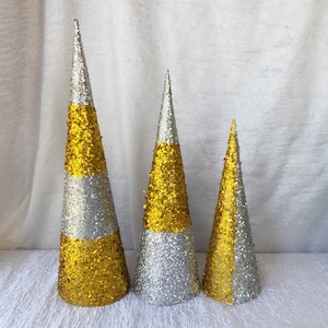Cone Trees, Set of 3, Silver and Gold Trees, Tabletop Decoration, Mantel Decoration, Christmas Trees, Holiday Tree, #2