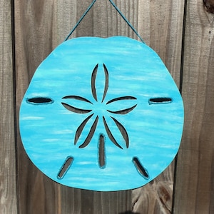 Sand Dollar Wall Decor, Wood Sand Dollar, Coastal Decor, Nautical Decor, Beach Decor, Shades of Turquoise Blue Sand Dollar with rope