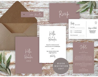 Blush Pink Wedding Invitation Template, Dusty Rose Wedding Invitation Set, Blush Wedding Template