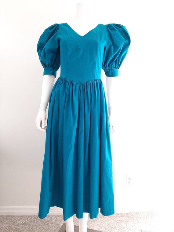 Vintage Laura Ashley Aqua Emerald Puffed Sleeve Pr