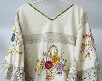 Antique Vintage Spring Flower Basket Tablecloth Blouse