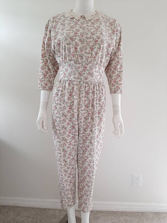 Vintage 1980's Cotton Calico Rose Jumpsuit Cottage