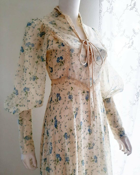 Vintage 1970's Blue Rose Cotton Prairie Maxi Cotta