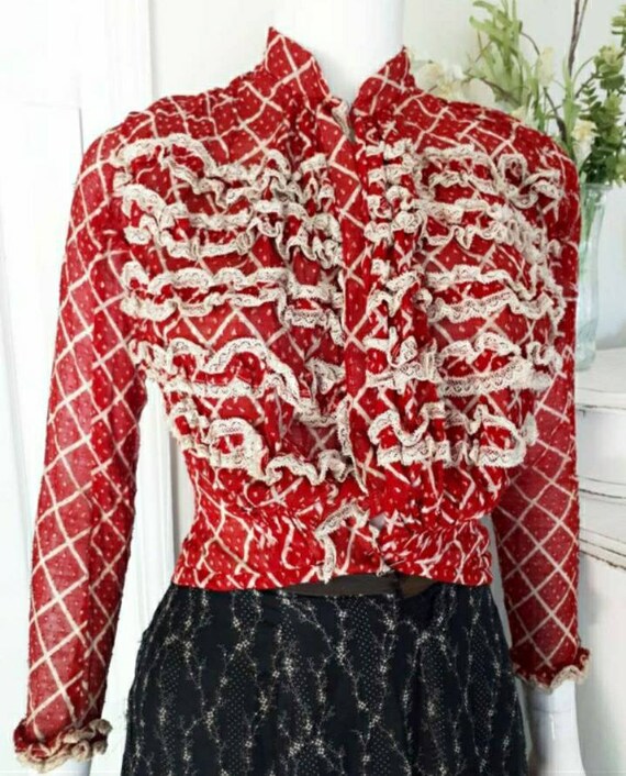 Early Antique 1900s Red Country Calico Ruffle Prai