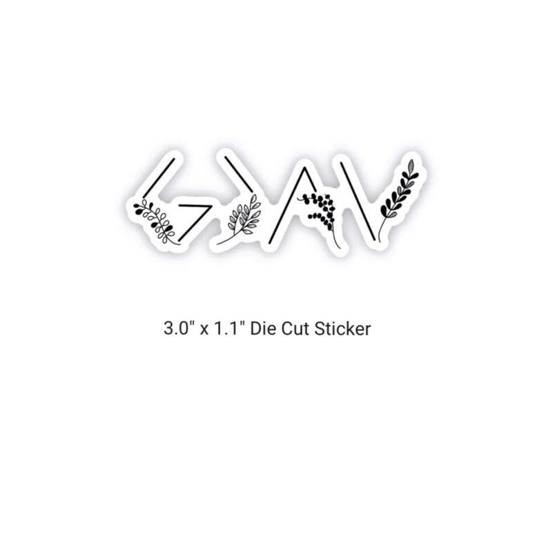 May include: Black and white die-cut sticker with the word "God" in a stylised font with floral accents. The sticker measures 7.6 cm by 2.8 cm.