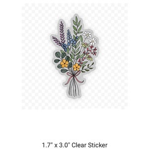 May include: A clear sticker featuring a colorful bouquet of flowers with a pink ribbon. The flowers are drawn in a simple, whimsical style and include purple, blue, yellow, red, and white blooms.