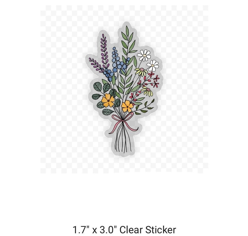 May include: A clear sticker featuring a colorful bouquet of flowers with a pink ribbon. The flowers are drawn in a simple, whimsical style and include purple, blue, yellow, red, and white blooms.
