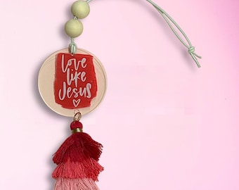 Love Like Jesus Christian Car Charms for Rear view Mirror, Customizable Charms Laser Engraved Acrylic Wood Beads Matching Tassel Gift for