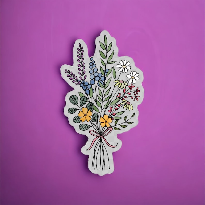 May include: A sticker of a bouquet of flowers with a variety of colors, including yellow, blue, purple, and red. The flowers are drawn in a simple, whimsical style.