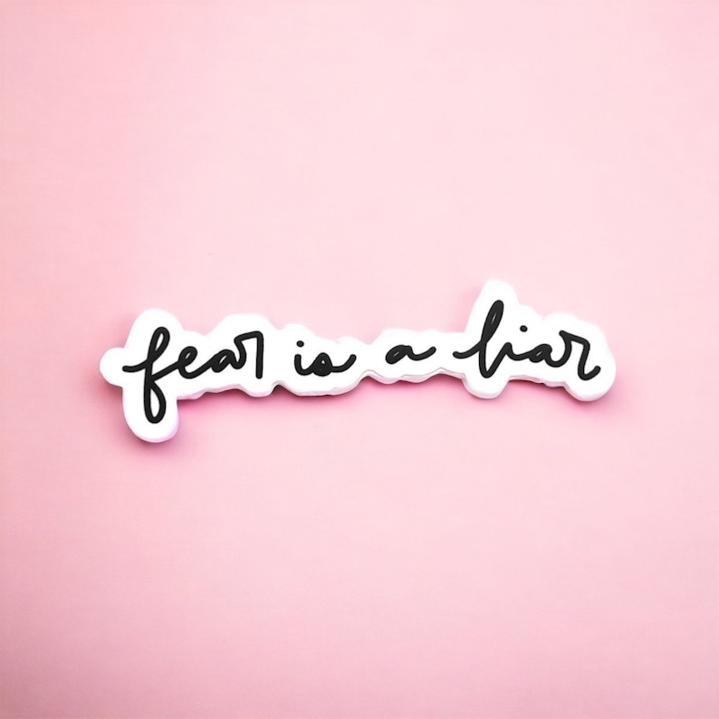 May include: White sticker with black lettering that reads "fear is a liar" on a pink background.