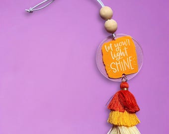 Let Your Light Shine Car Charms for Rear view Mirror: Hanging, Customizable Charms with Laser Engraved Acrylic Wood Beads Matching Tassel,