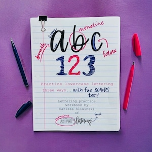ABC 123, Beginner Hand Lettering, Lettering Digital Workbook, Lettering Worksheets, Lowercase Alphabet Practice Sheets, Modern Calligraphy