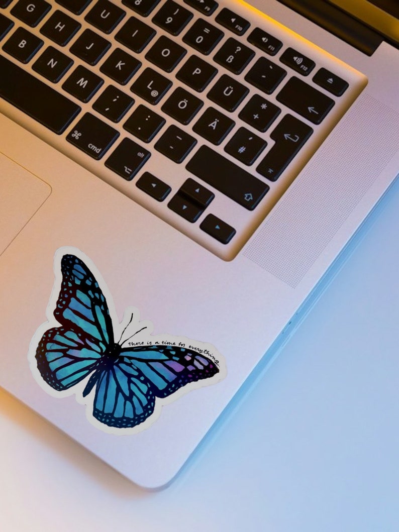 May include: A blue butterfly sticker with the text "there is a time for everything" on a silver laptop.