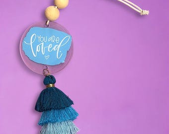 You Are Loved Car Charms for Rearview Mirror: Hanging, Customizable Charms with Laser Engraved Acrylic Wood Beads Matching Tassel, Car Decor