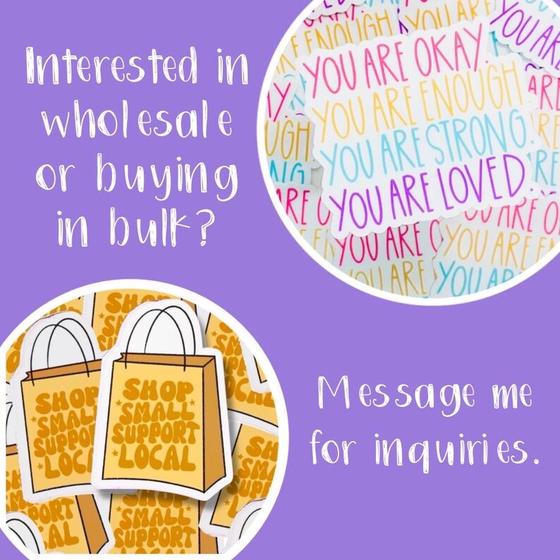 Op de afbeelding: Een verzameling gele en oranje stickers met de tekst "Shop Small Support Local" op een witte achtergrond. De stickers hebben de vorm van boodschappentassen. De tekst "Interested in wholesale or buying in bulk? Message me for inquiries." is ook zichtbaar op de afbeelding.