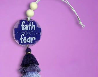 Faith over Fear Religious Car Charms for Rear view Mirror, Customizable Christian Charms Laser Engraved Acrylic Wood Beads Matching Tassel