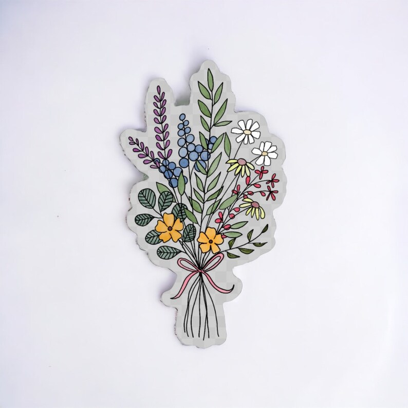 May include: A hand-drawn illustration of a bouquet of flowers with a pink ribbon. The flowers are in shades of blue, yellow, and red.