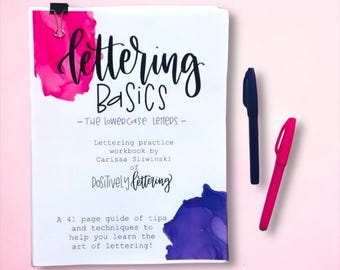 Beginner Hand Lettering, Lettering Basics Digital Workbook, Lettering Worksheets, Lowercase Alphabet Practice Sheets, Modern Calligraphy