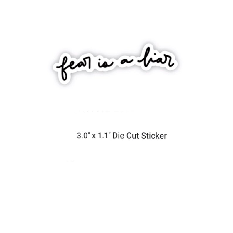 May include: Black and white die-cut sticker with the text "fear is a liar" in a handwritten font. The sticker is 3.0 inches by 1.1 inches.