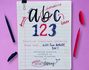 ABC 123, Beginner Hand Lettering, Lettering Digital Workbook, Lettering Worksheets, Lowercase Alphabet Practice Sheets, Modern Calligraphy