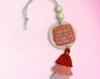 Let Go Positive Affirmation Car Charms for Rear view Mirror: Hanging, Customizable Charms with Laser Engraved Acrylic Wood Beads and Tassel,
