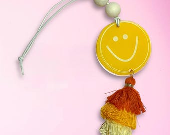 Smile Tassel Car Charms for Rearview Mirror: Hanging, Customizable Charms with Laser Engraved Acrylic Wood Beads Matching Tassel, Car Decor